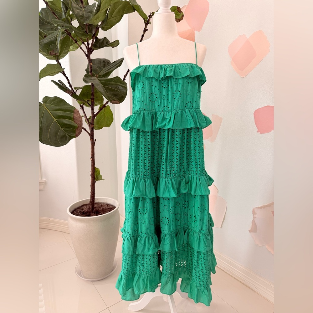 Green Eyelet Tiered Ruffle Maxi Dress